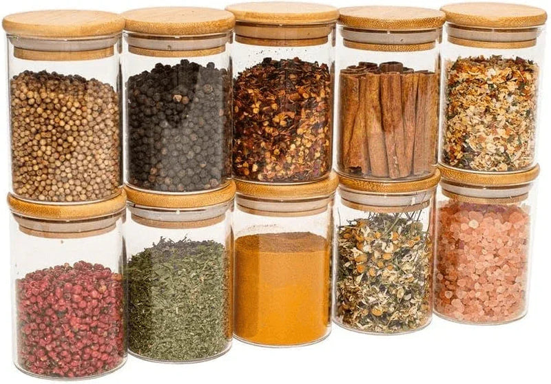 Kit 10 Potes de Vidro Redondo de Bambu